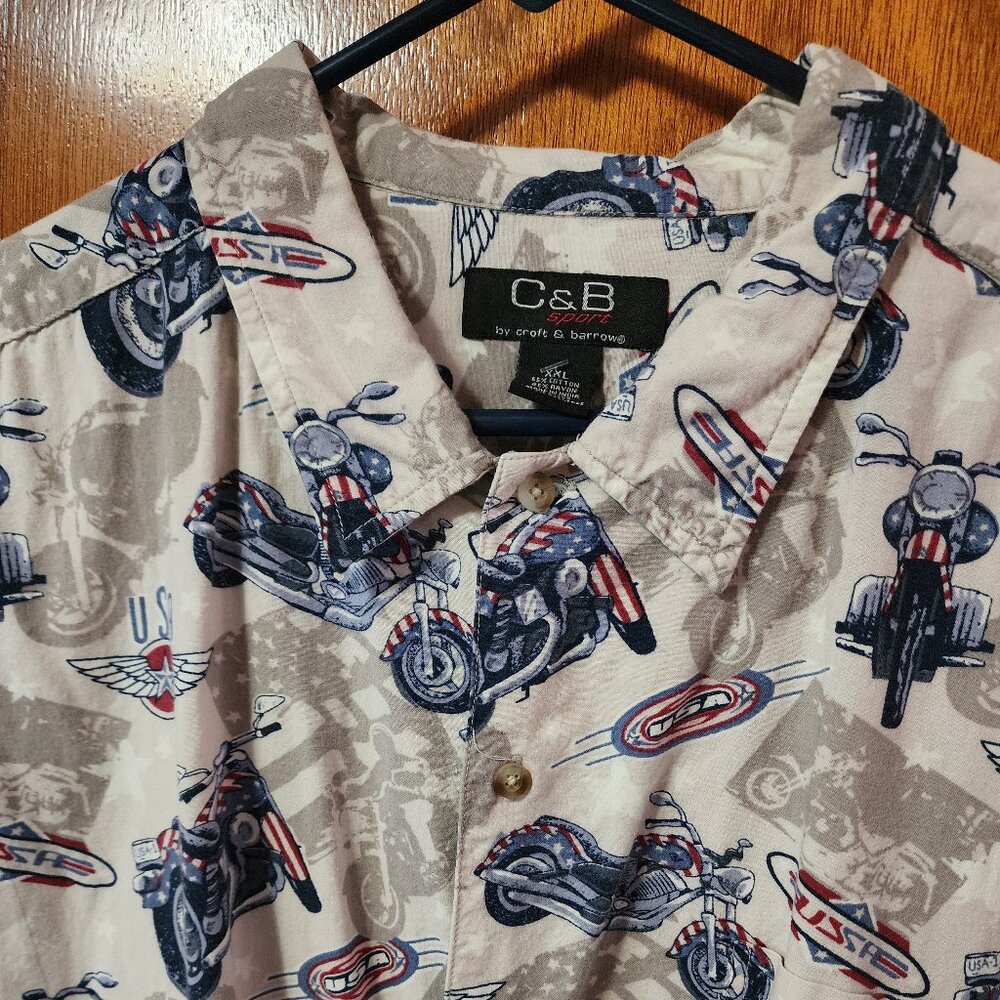 Men's 2XL Croft & Barrow Graphic Motorcycle USA Short Sleeve Button Down Shirt